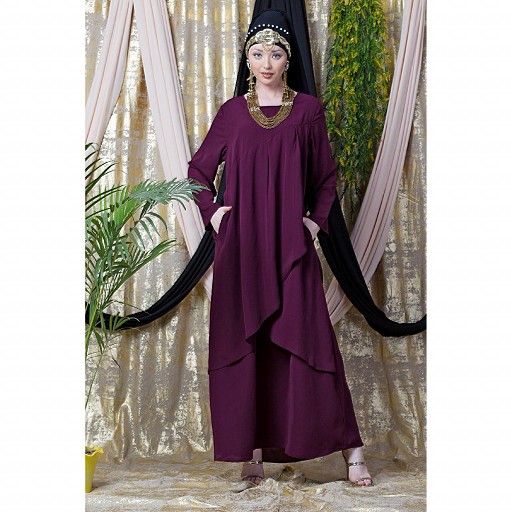 Asymmetrical abaya with overlapped panel- Wine